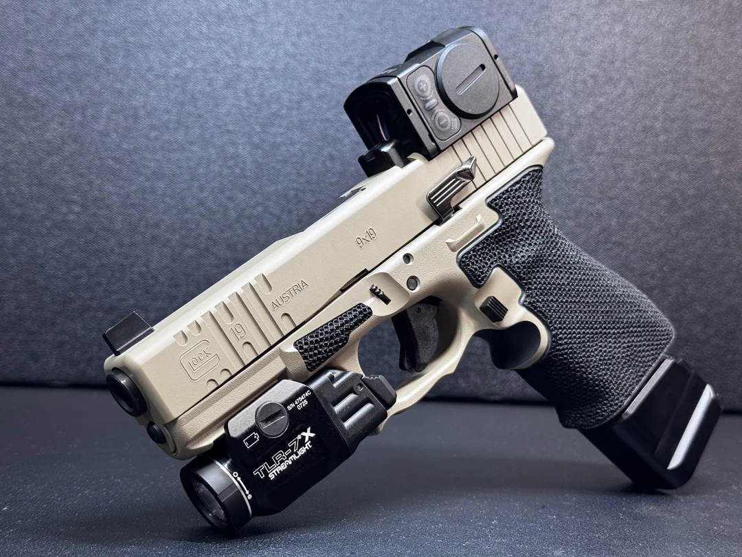 Finished FDE Glock 19 framework staged in the studio