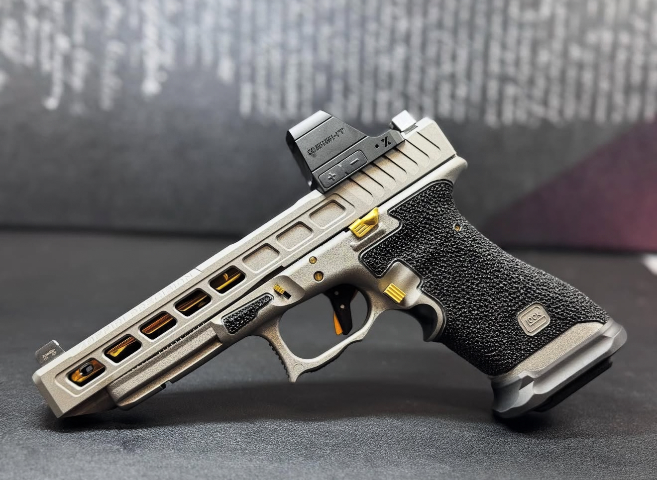 Glock — Nickel Raptor — Skeletonized Slide · Gold Barrel